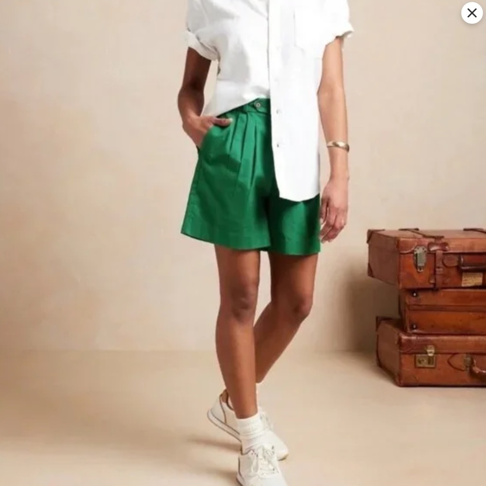 NWT Banana Republic Linen Blend Stretch High Waisted Pleated Green Shorts, 4